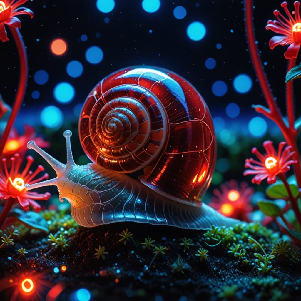 Surreal Bioluminescent Glass Snail Shell in Neon Futurism