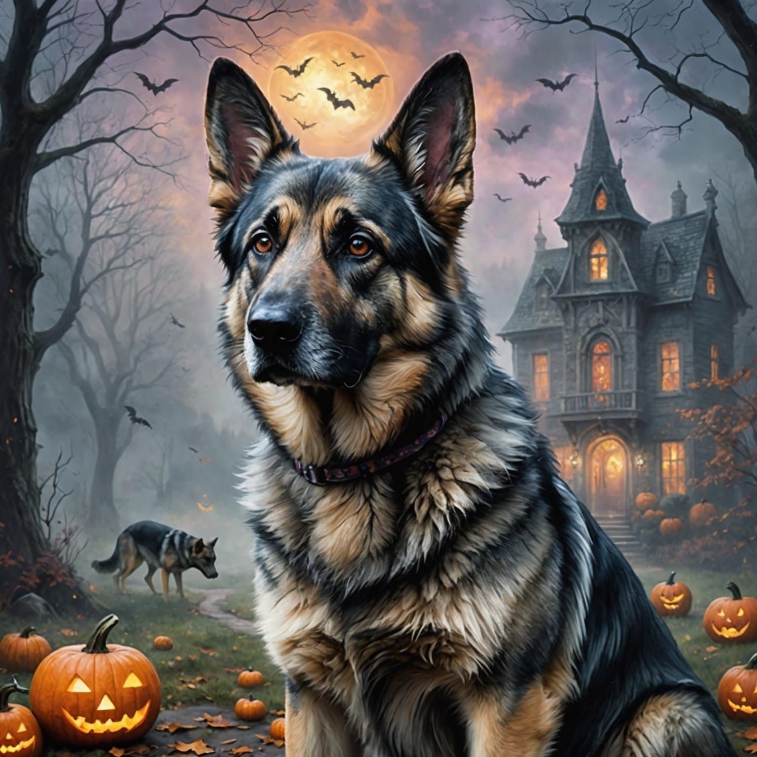 Grey German Shepherd Mix in a Whimsical Halloween Scene