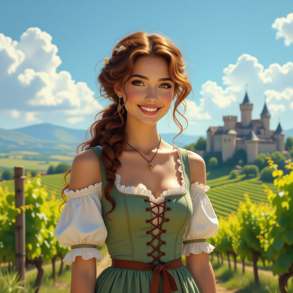 Renaissance Woman in Lush Vineyard Landscape
