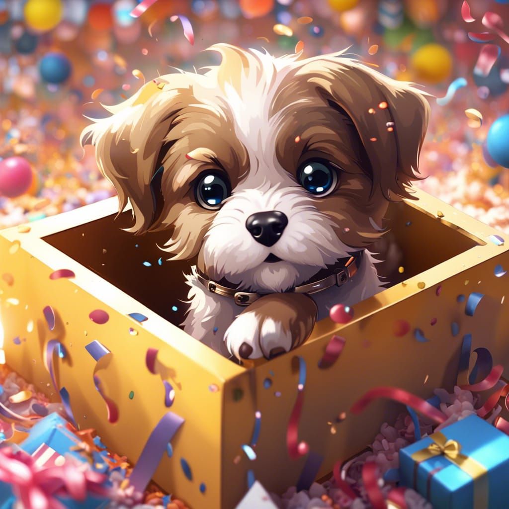 Chibi Puppy Unwraps Birthday Gift in Anime Style