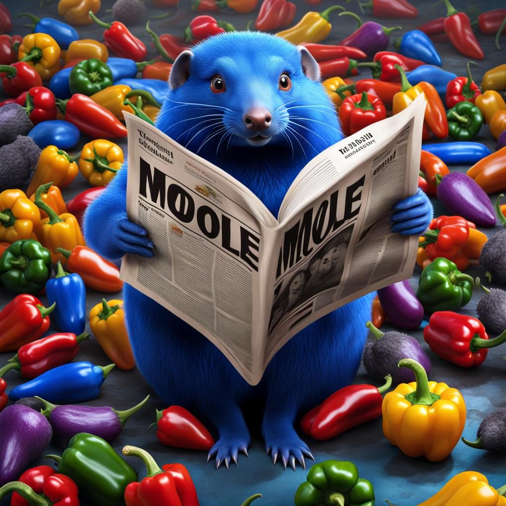 Hyperreal Blue Mole Reading Newspaper Amidst Vibrant Peppers