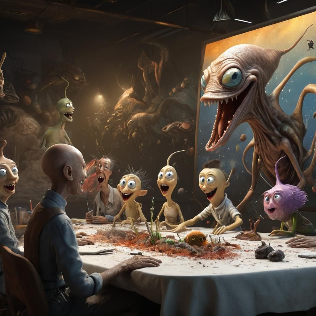 Surreal Cartoon Grouping in Photorealistic Matte Painting