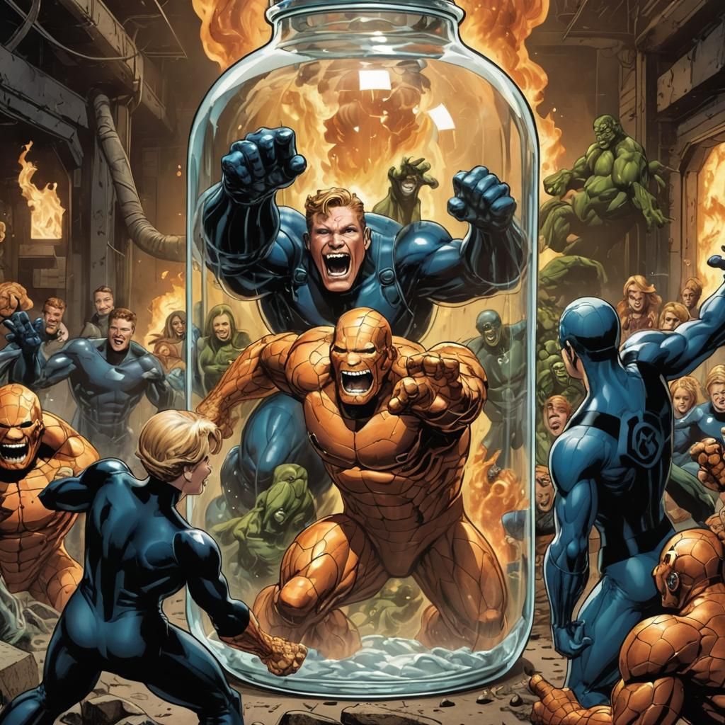 Marvel comics characters "The fantastic 4", rescue Ben Grim trapped inside of a giant glass bottle,