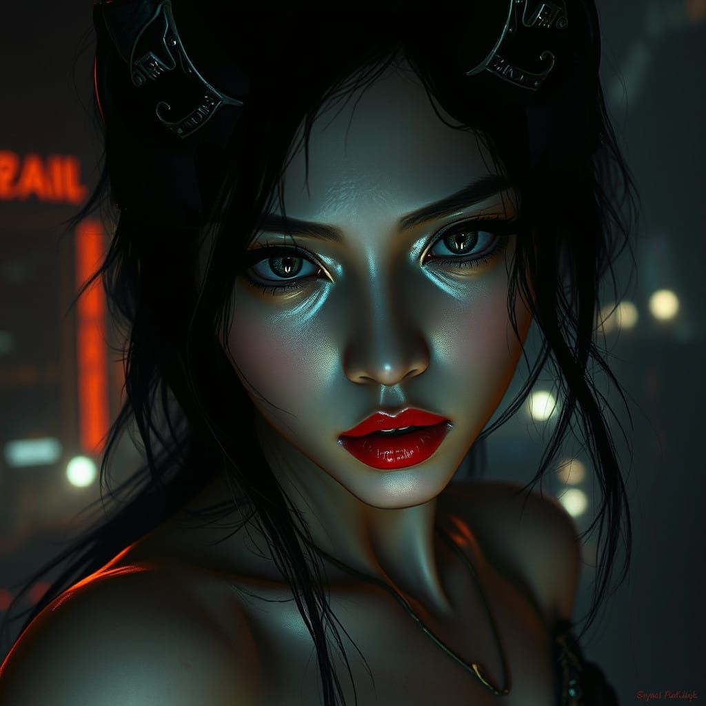 Elegant Cyberpunk Demon Reflected in a Mirror