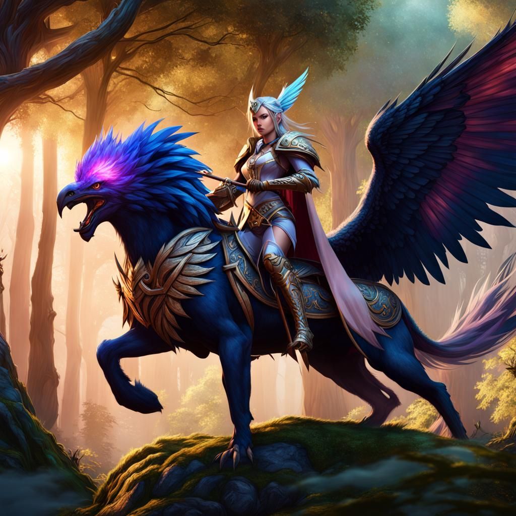 Elven Ranger Soars on Majestic Gryphon Through Vibrant Fores...