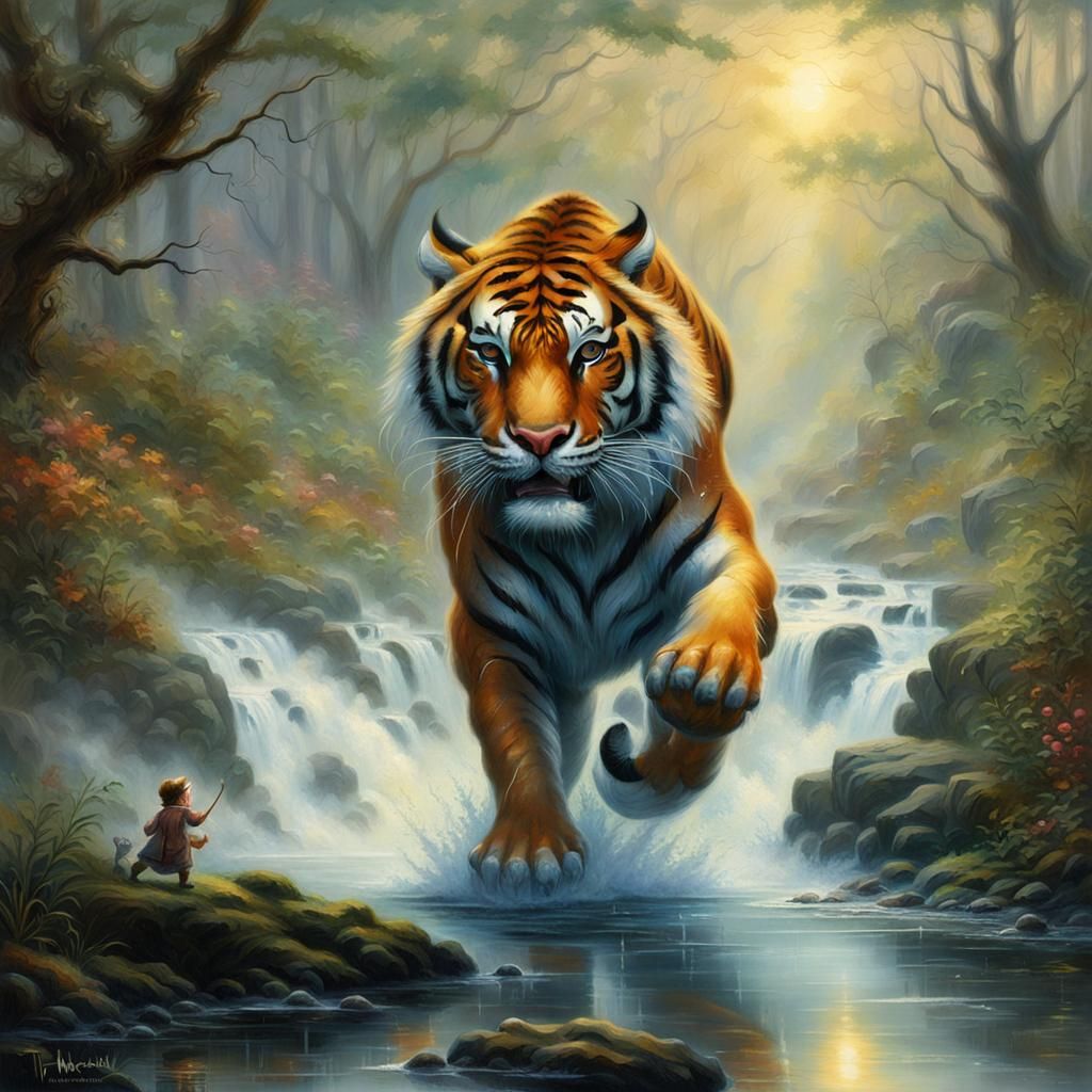 Tiger's Ethereal Leap in Dreamlike Water Buffalo Encounter