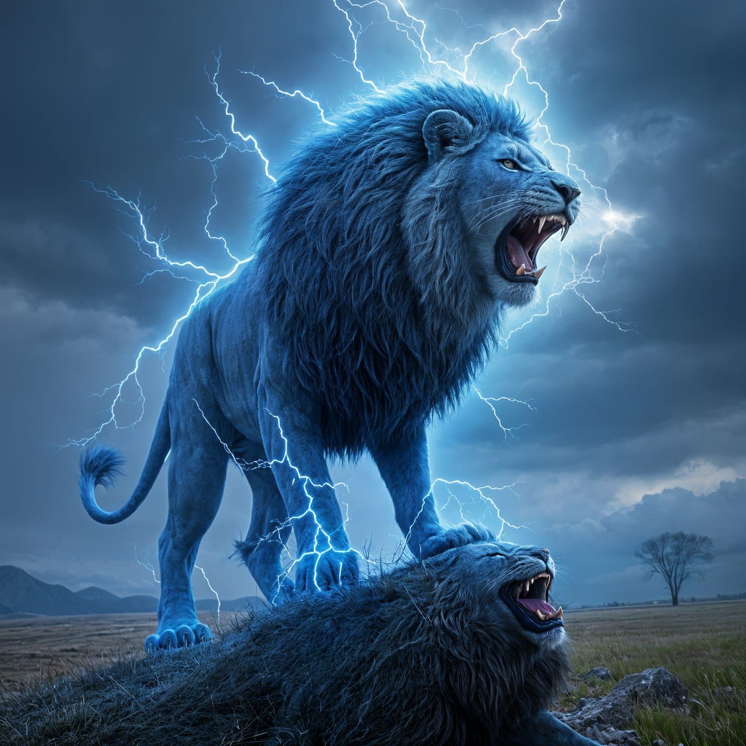 Majestic Blue Lightning Lion in a Roaring Fury