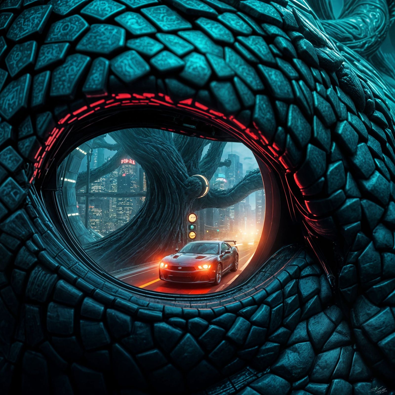 Dragon Eye Scales Reflecting Futuristic Metropolis