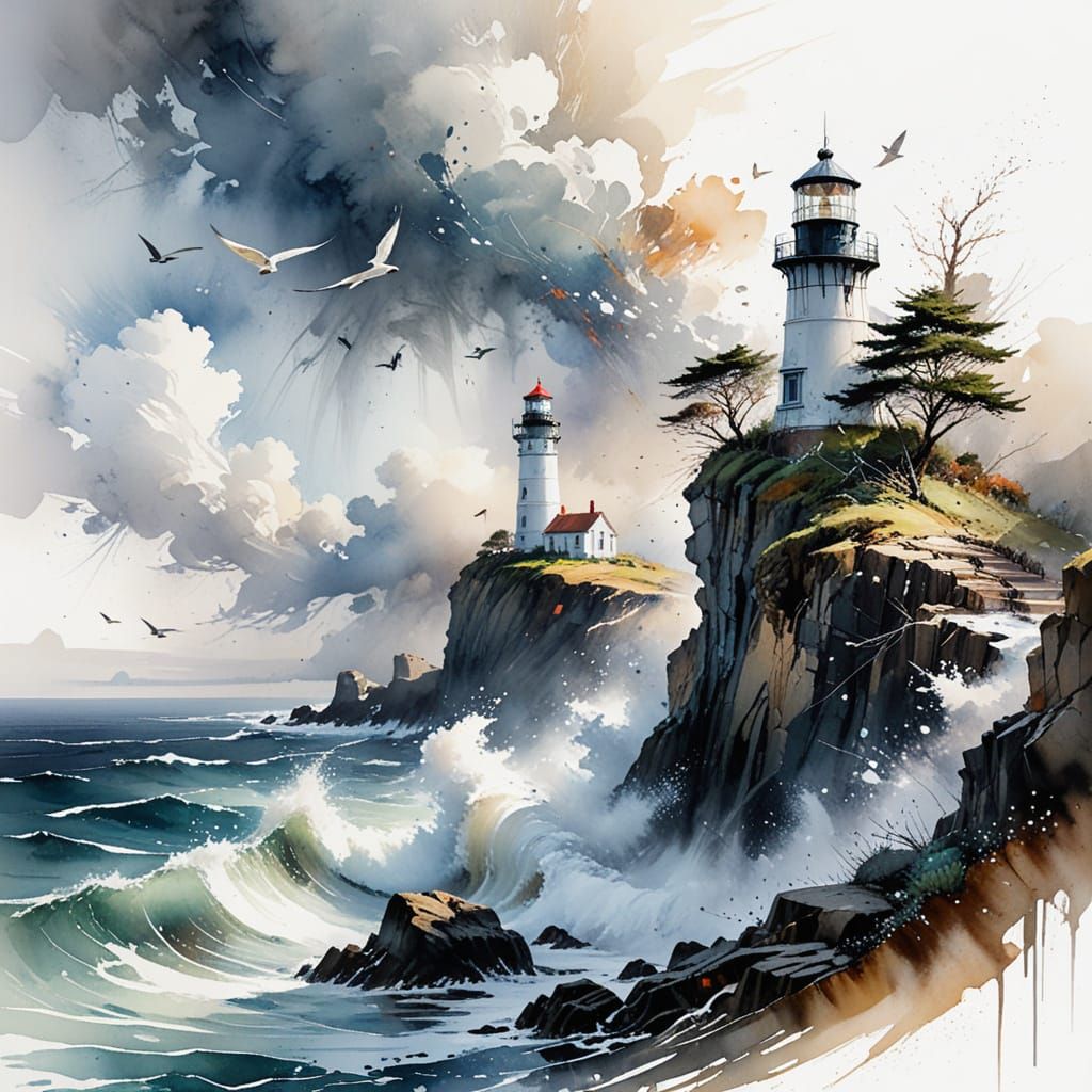 Lighthouse on Windswept Cliff in Haenraets Style