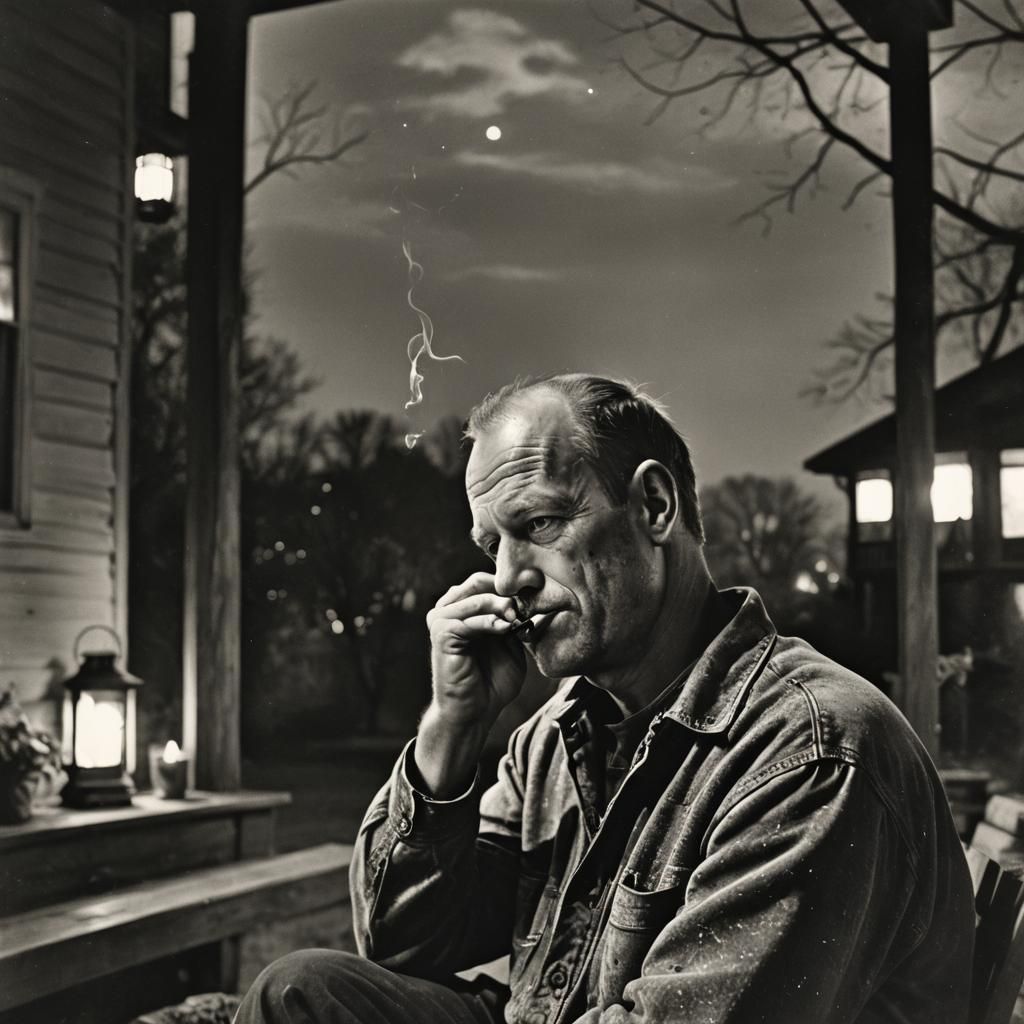 Figurative Painter Seated on a Porch at Night