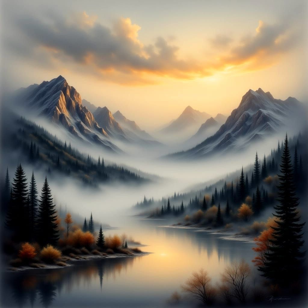 Golden Dawn Mountain Mist in Antique Watercolor Style