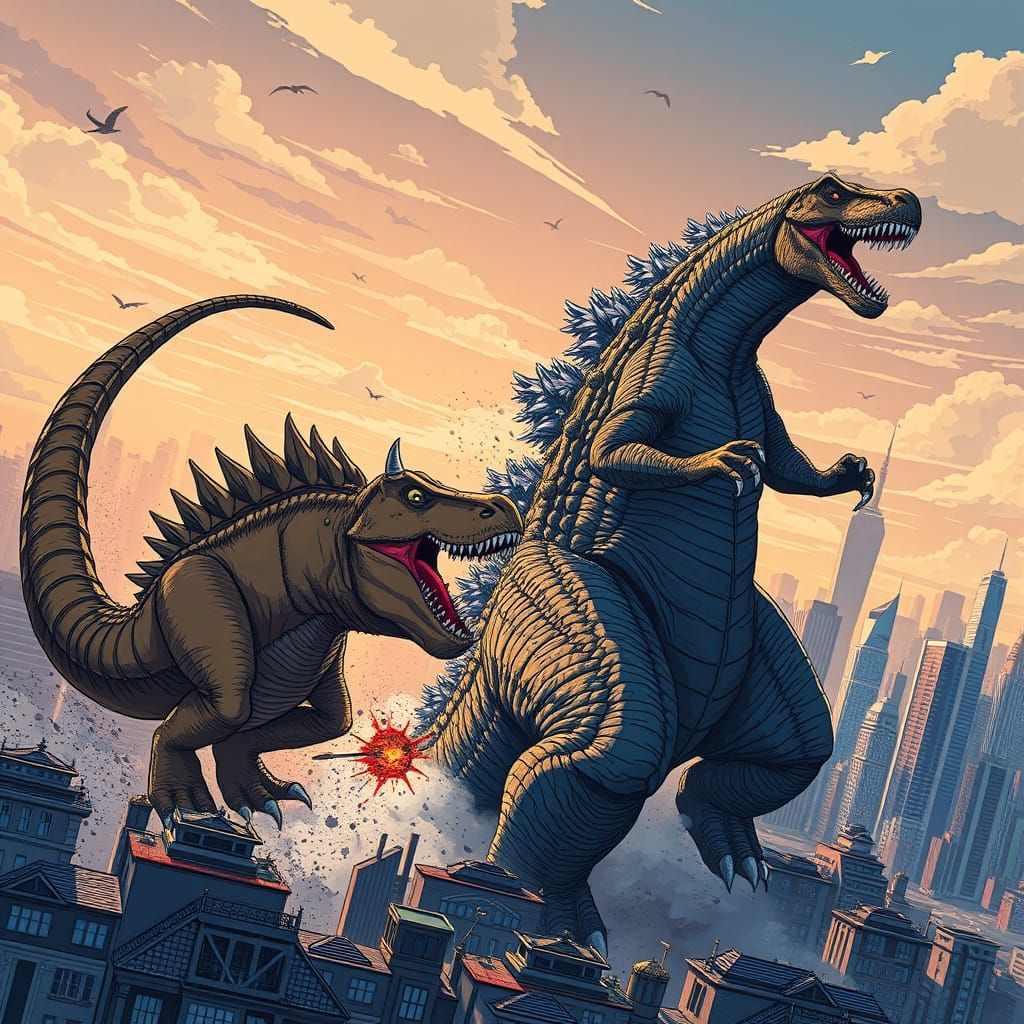 T Rex vs Godzilla in Epic Manga-Style Anime Art