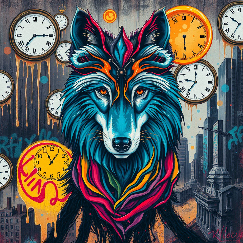 Surrealist Wolf in Graffiti-Tagged Cityscape