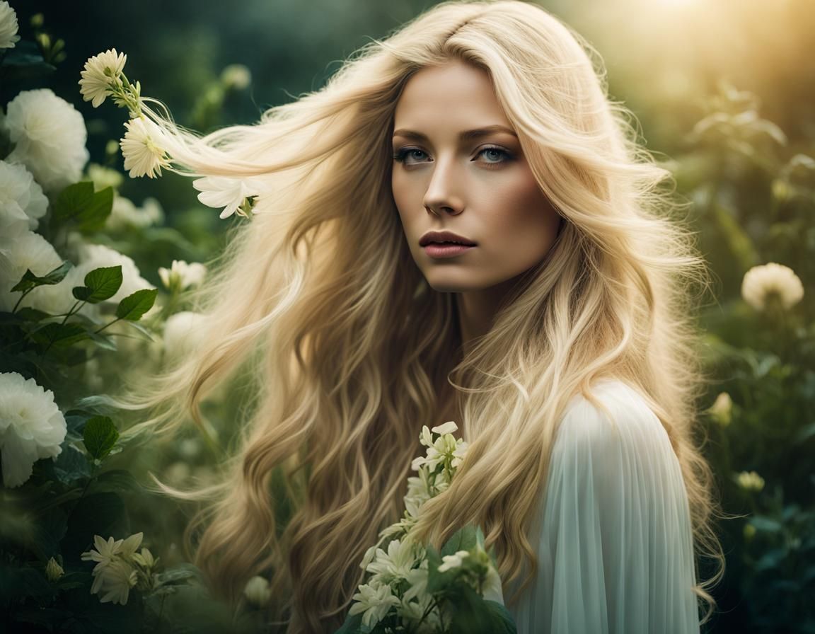 Ethereal Blonde Goddess Amidst Nature's Splendor