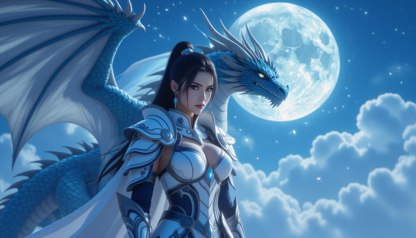 Female Warrior With Dragon Under Full Moon