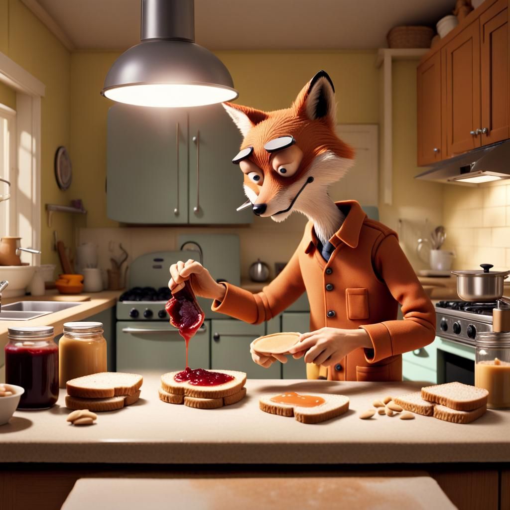 Man in Whimsical Kitchen Making PB&J, in Stop Motion Style