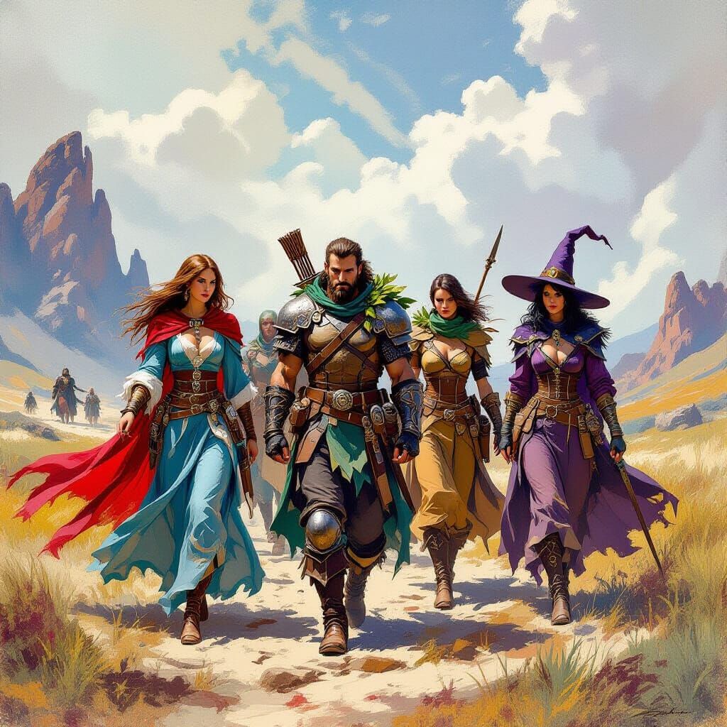 Fantasy Adventurers in Dynamic Action, Frazetta Style