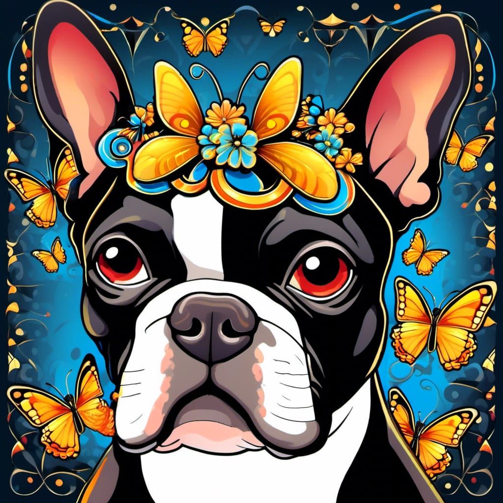 Boston Terrier in Art Deco Dreamscape with Butterflies