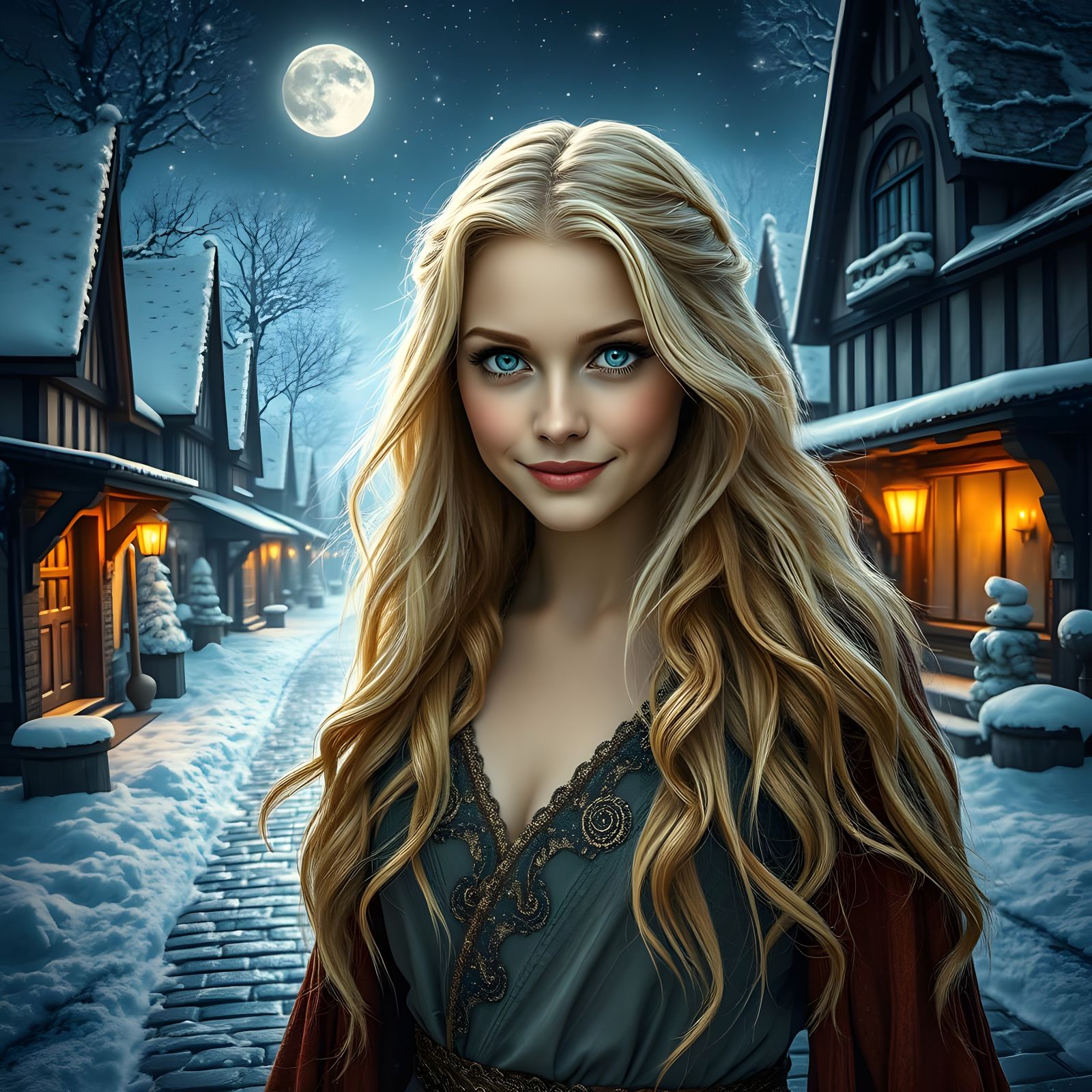 Norse Goddess Strolls Through Olde Village Under Starry Skie...