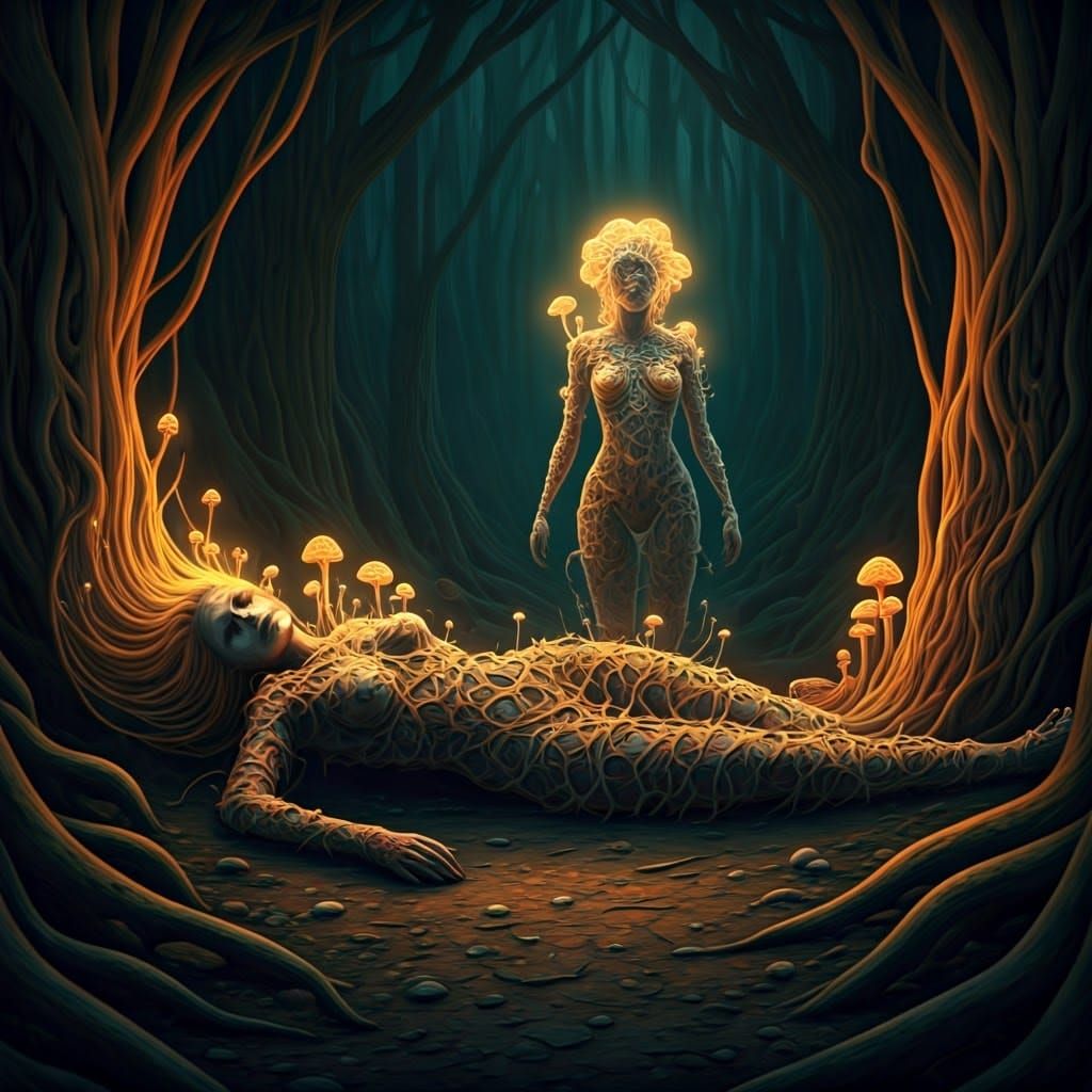 Whimsical Maiden Consumed by Glowy Fungi in Dark Fantasy Art