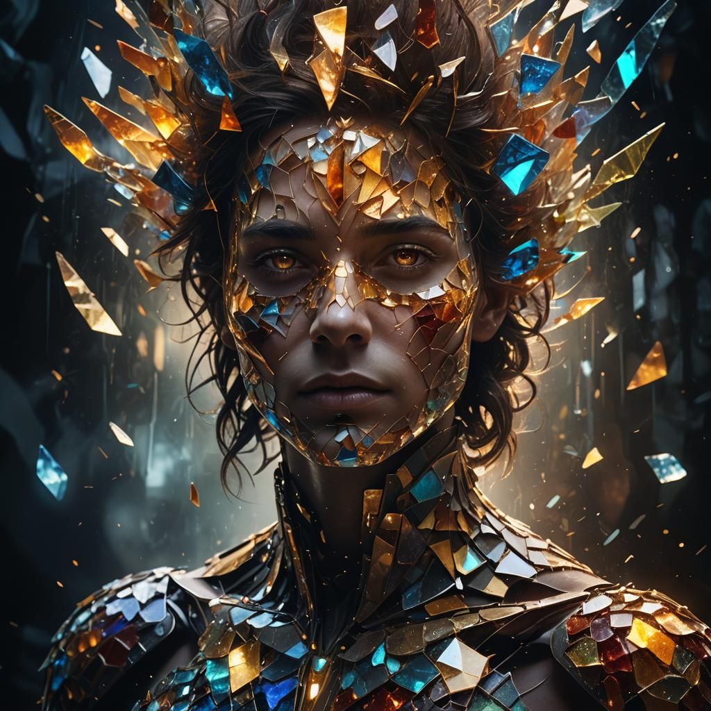 Mysterious Glass Being in a Dark, Iridescent Glow