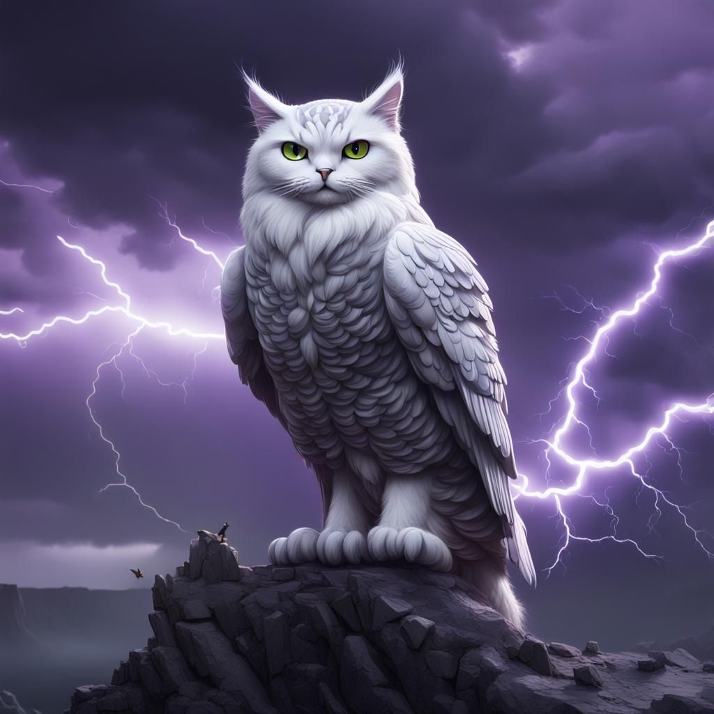 Grey Cat Owl in Stormy Skies, Fantasy Armor