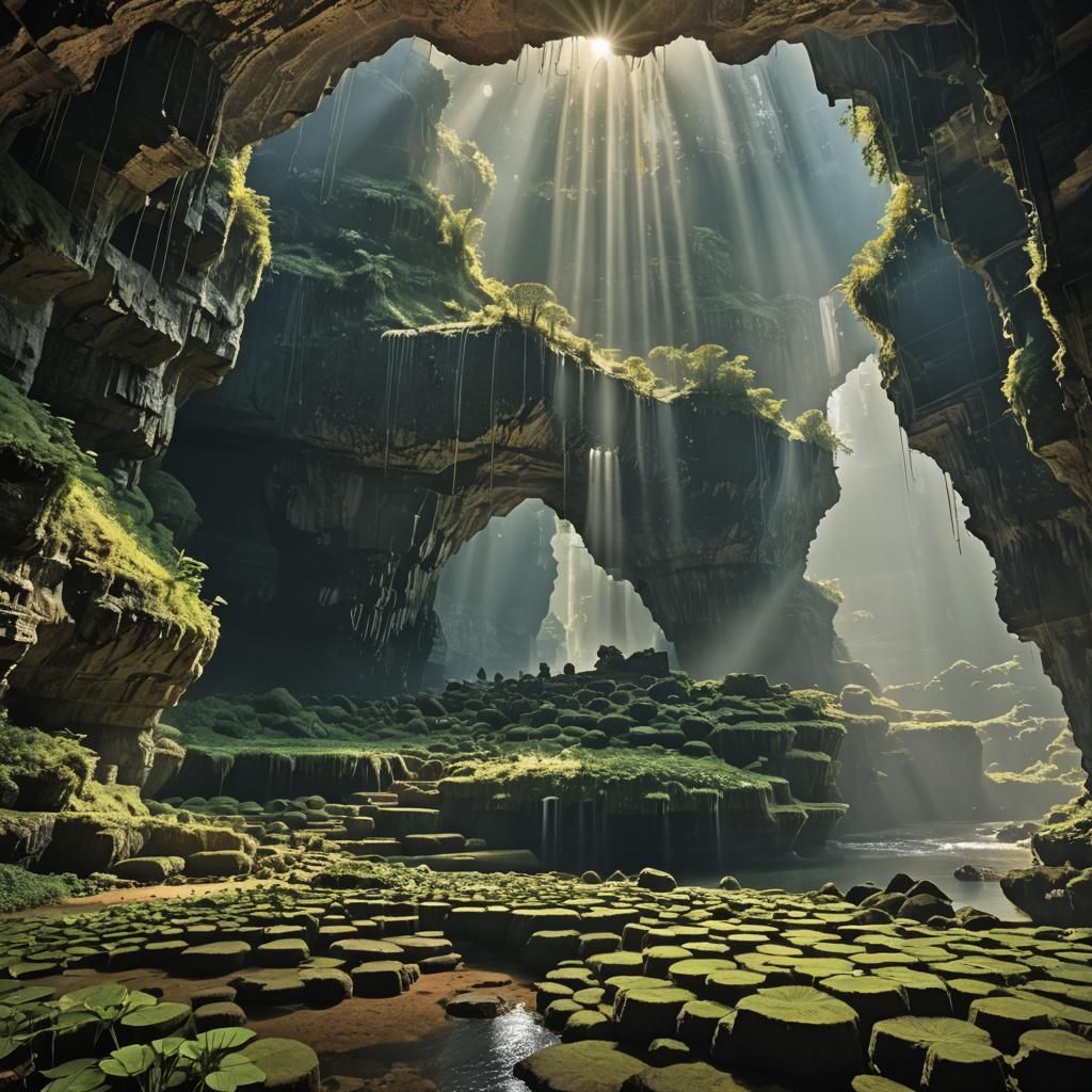 Enchanted Realm Unveiled: Sunlit Cave and Towering Formation...