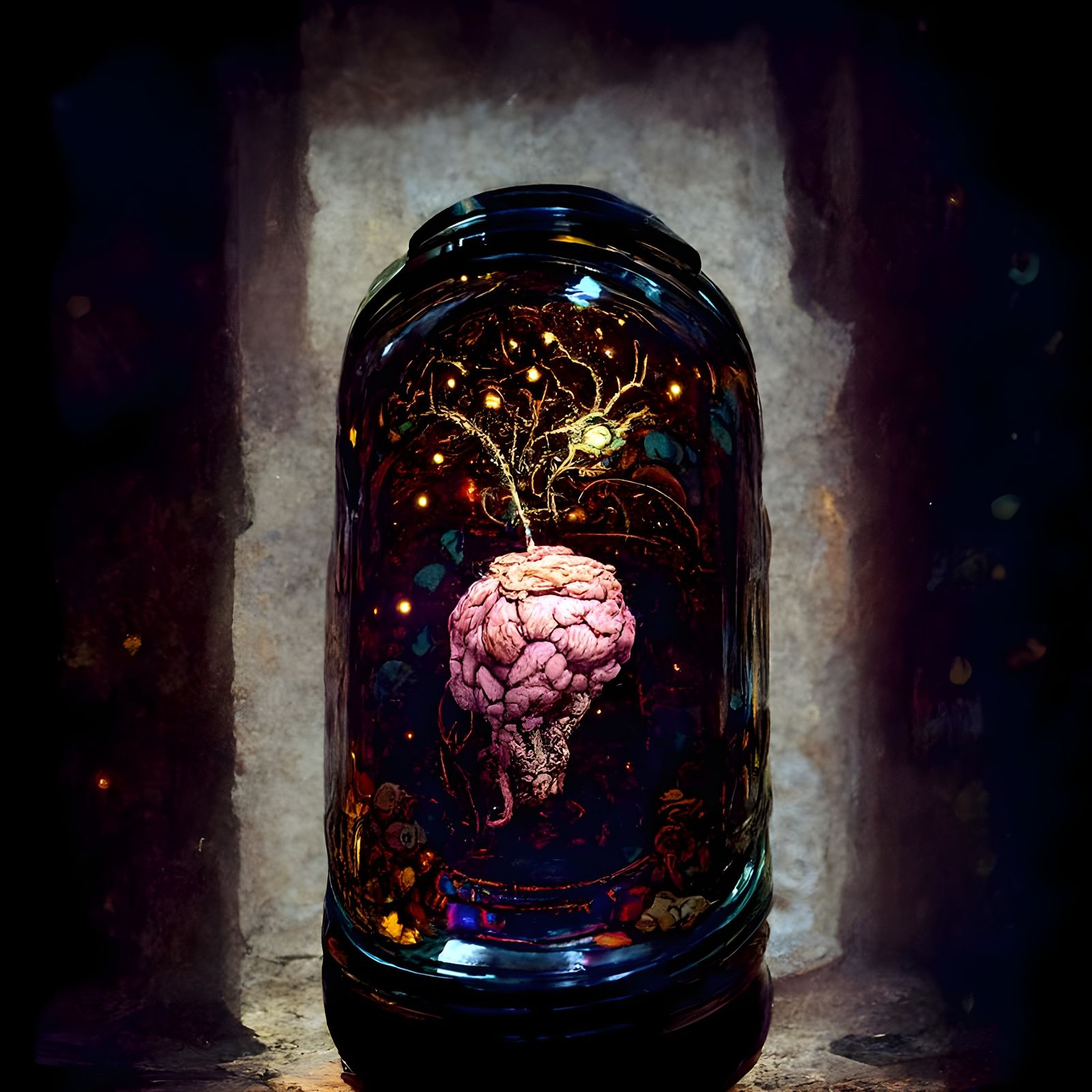 Ethereal Brain in Jar Concept Art in Psychedelic Detailed St...
