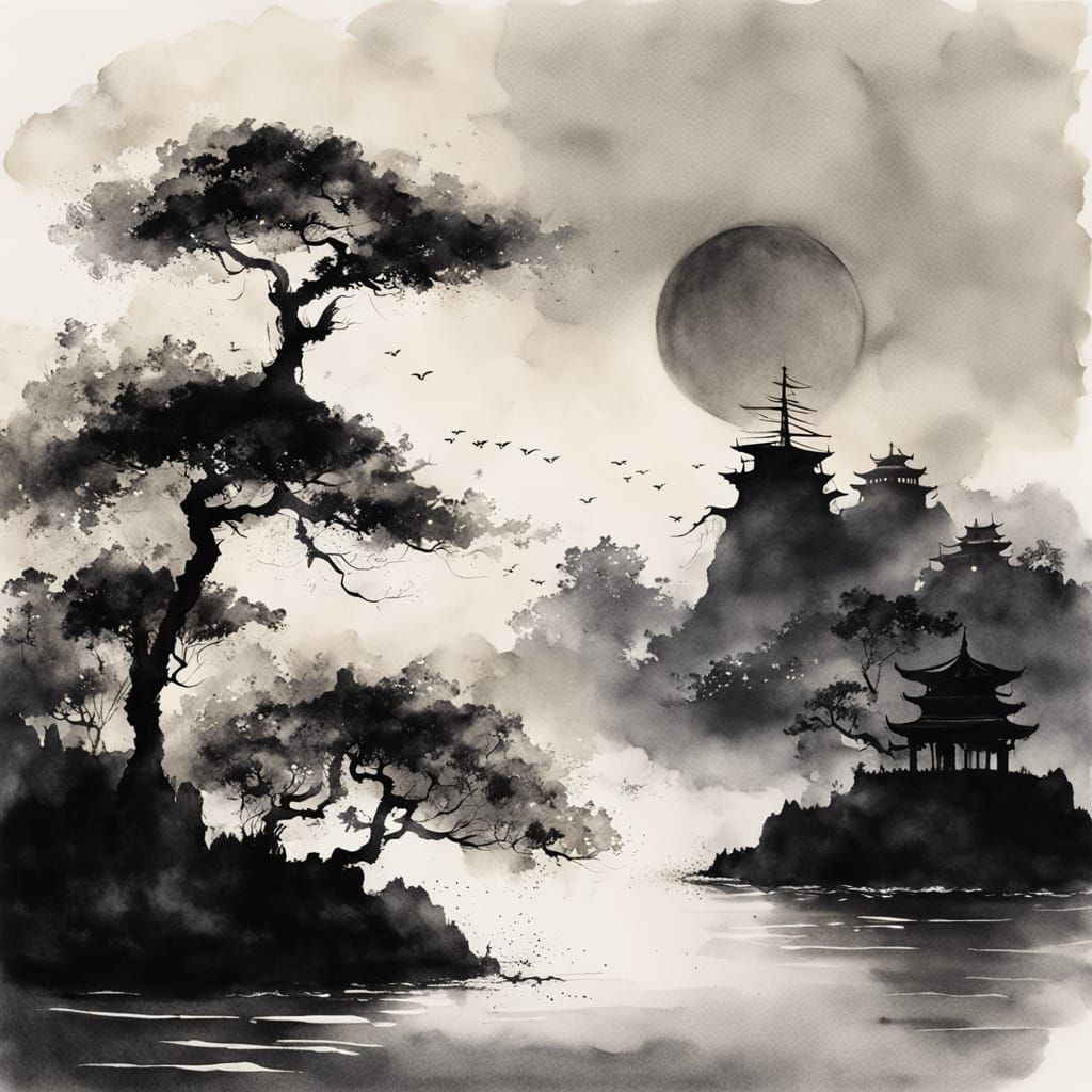 Ethereal Ship Approaches Misty Island as Sumi-e Painting