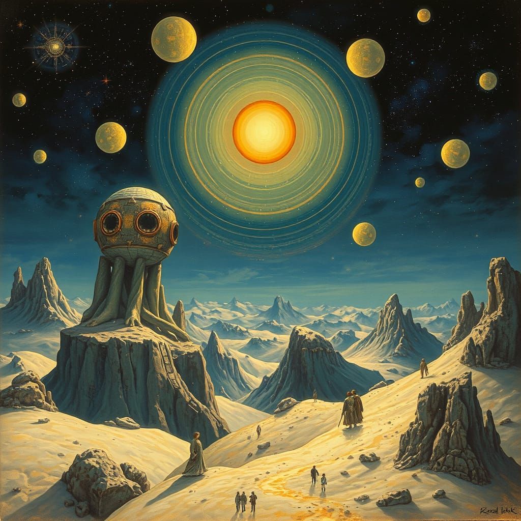 Surreal Alien Landscape with Gold Leaf Accents