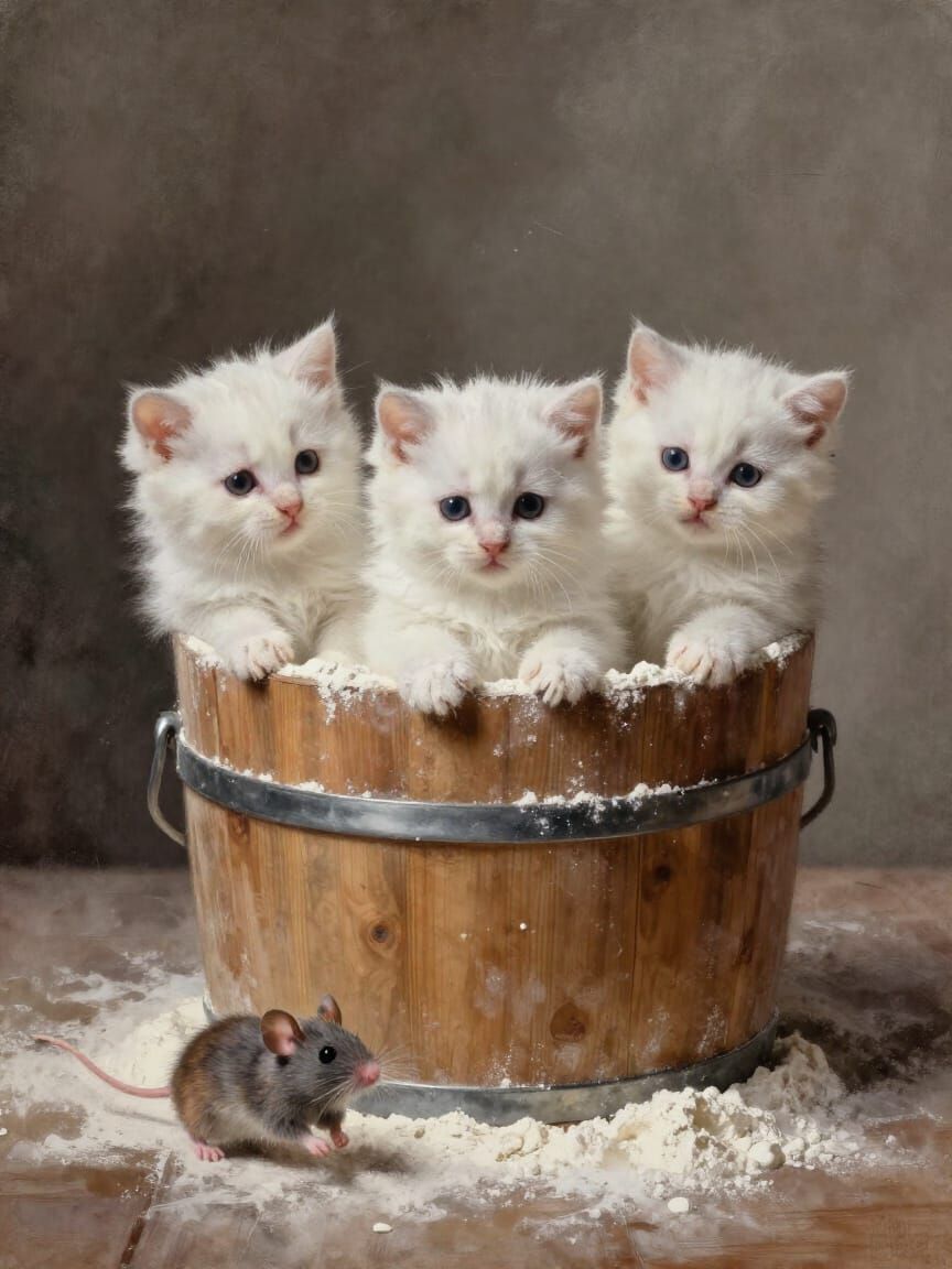Kittens Covered in Flour Emerge from Barrel with Running Mou...