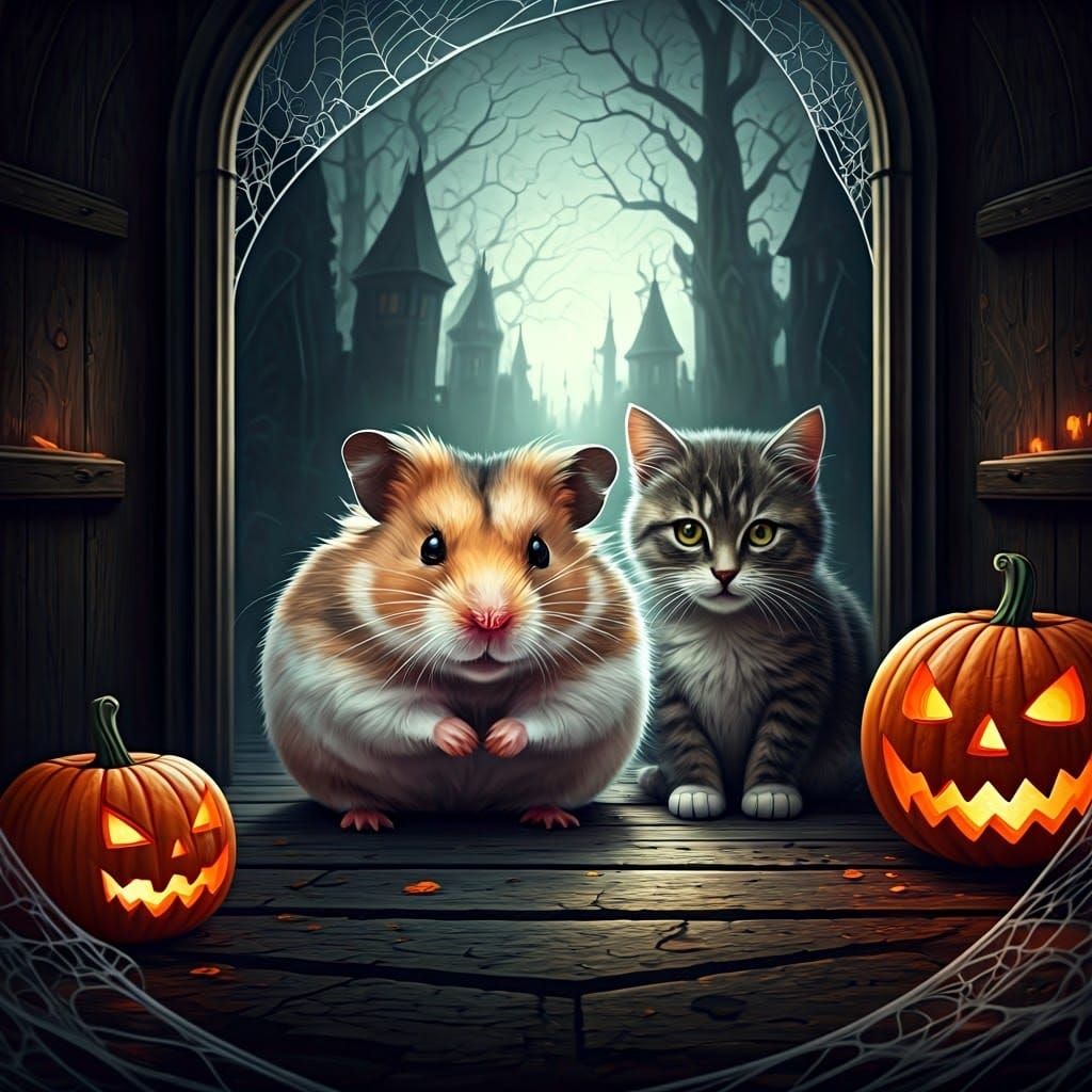 Hamster and Cat Amidst Spooky Halloween Scene in Dark Fantas...