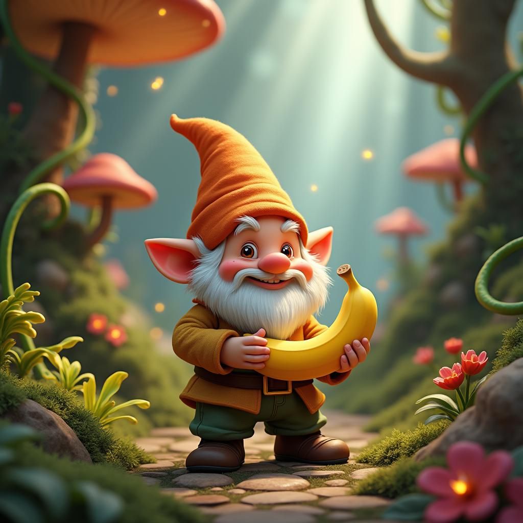 Cute Gnome Treasures Banana in Whimsical Fantasy Landscape