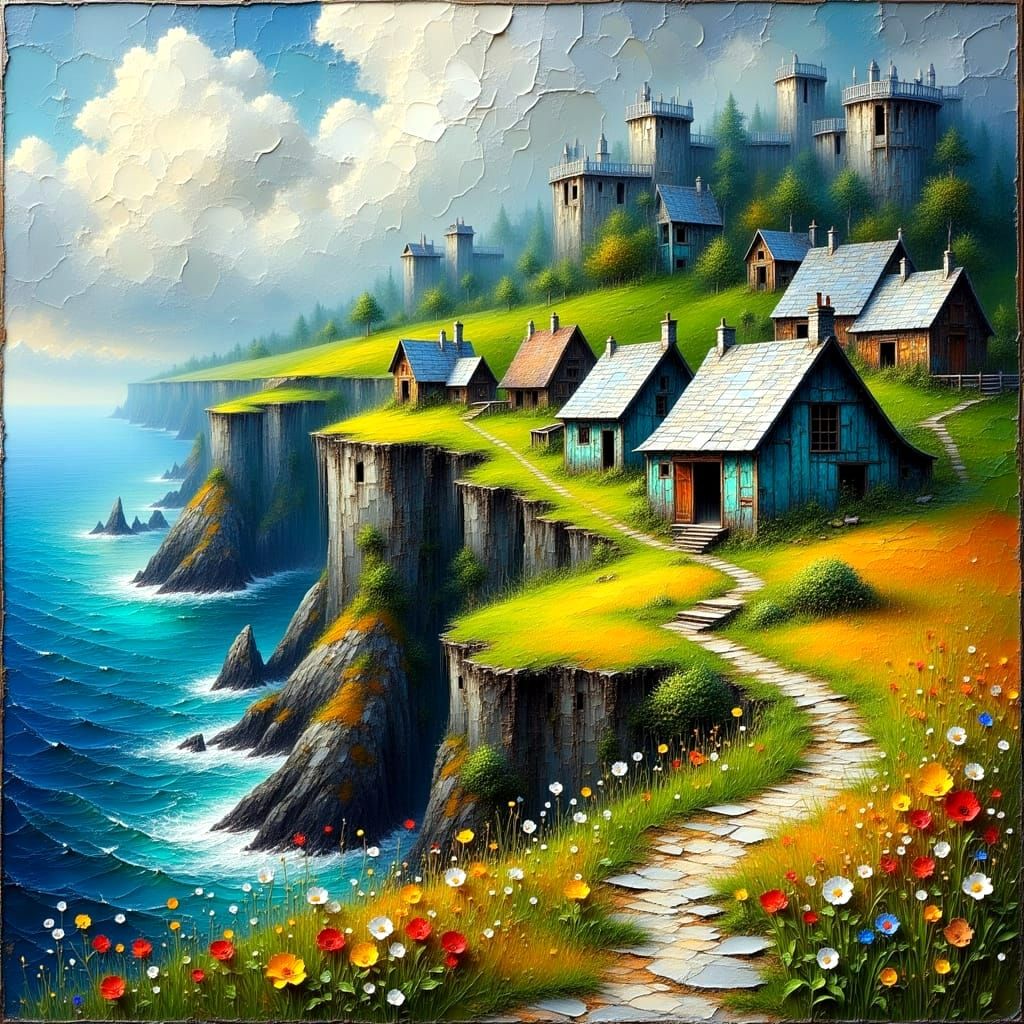 Vibrant Rustic Cottages Amidst Wildflowers and Ocean