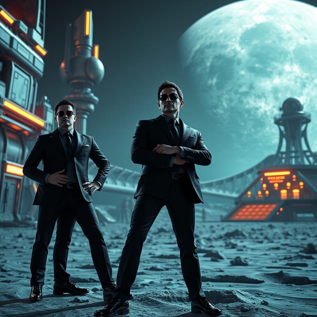 Men in Black at Futuristic Moon Base in Photorealistic 3D St...