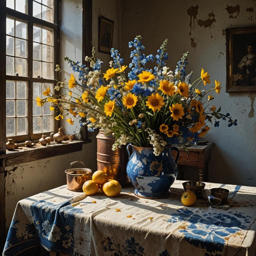 Golden and Blue Flowers on Butcher Table, Hyperreal
