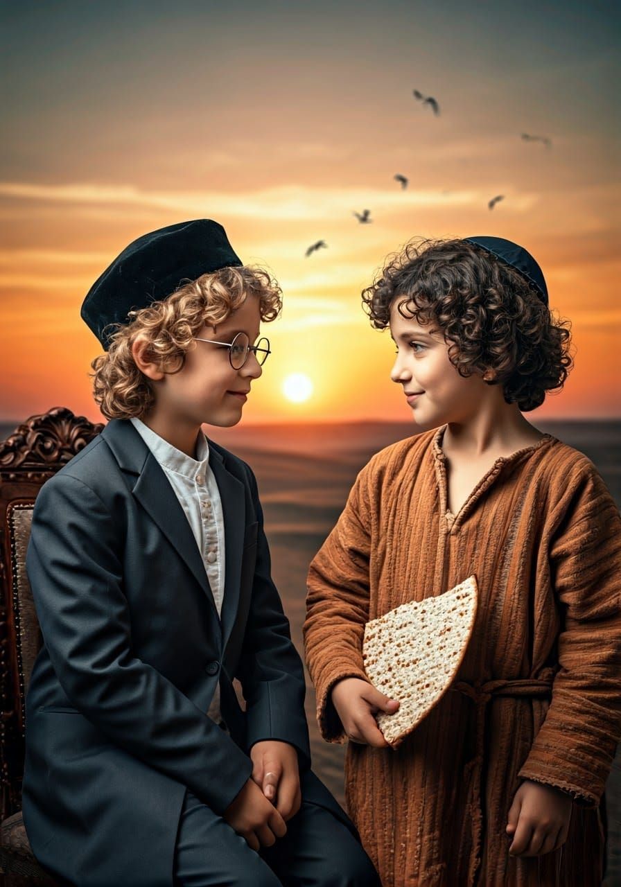 Authentic Desert Sunset Scene with Two Children in Tradition...