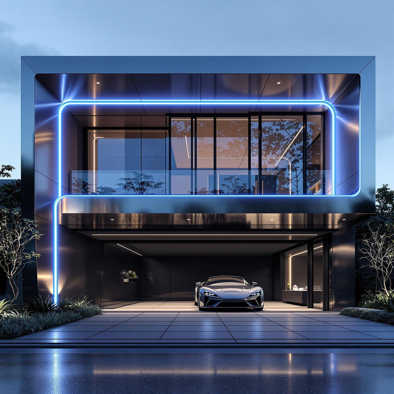 Futuristic Smart Home with Neo-Futuristic Metallic Facade