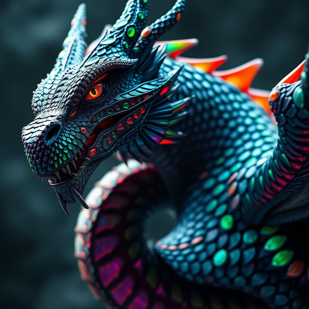 An incredible beautiful close-up of a fierce dragon in profile, intense vibrant colors, very sharp focused, complex imag...