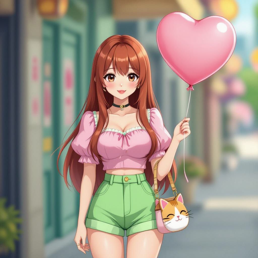 Cute Japanese Woman Holding Heart Balloon