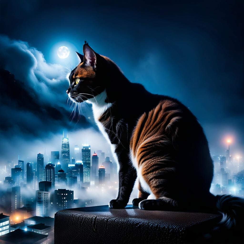 Whiskered Figure Emerges from City Fog