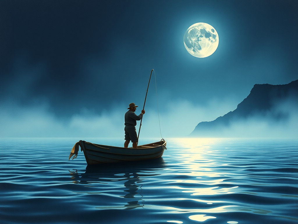 Cosmic Fisherman by Moonlit Sea in Impressionist Realism