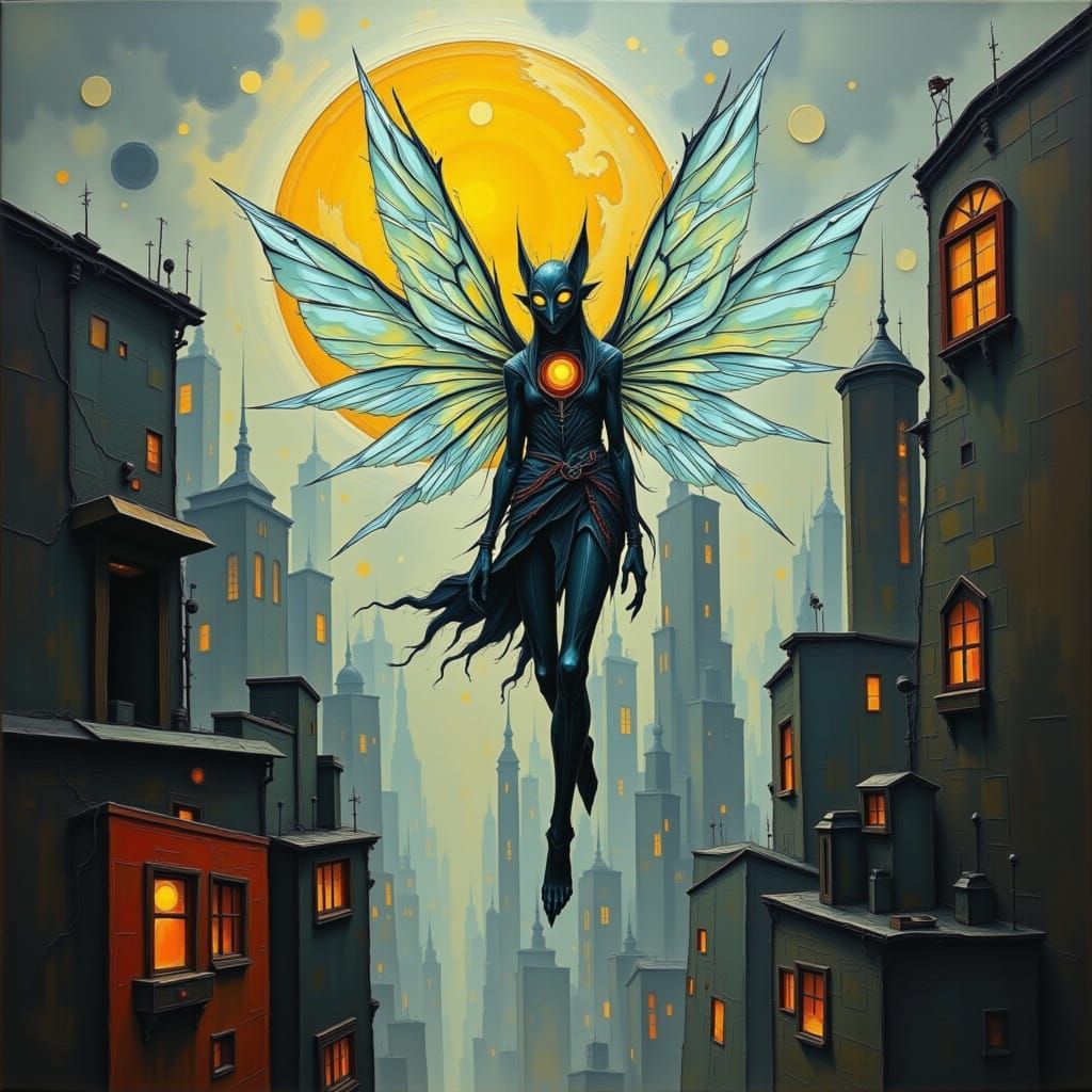 Fairy Soaring Over Dystopian Cityscape