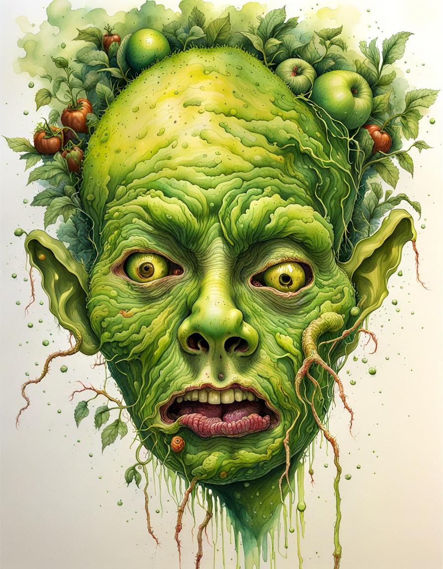 Sentient Avocado Zombie Amidst Vegetable Garden Ruin in Ink....