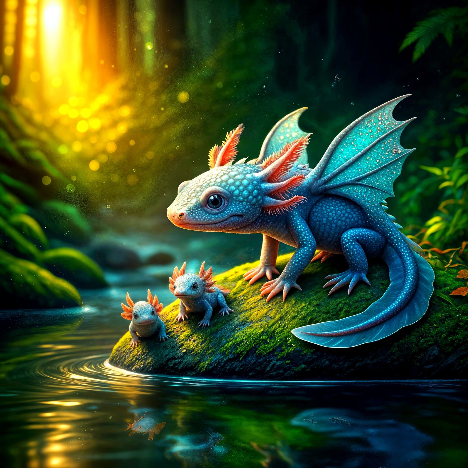 Shimmering Axolotl Dragon Mother Supervises Adorable Babies....