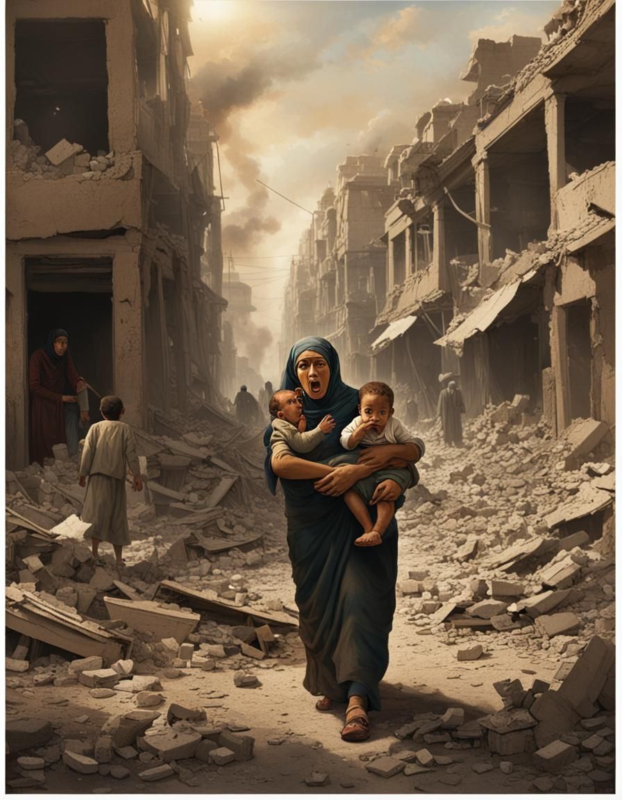 Egyptian Family Fleeing a Devastated City in Ruins