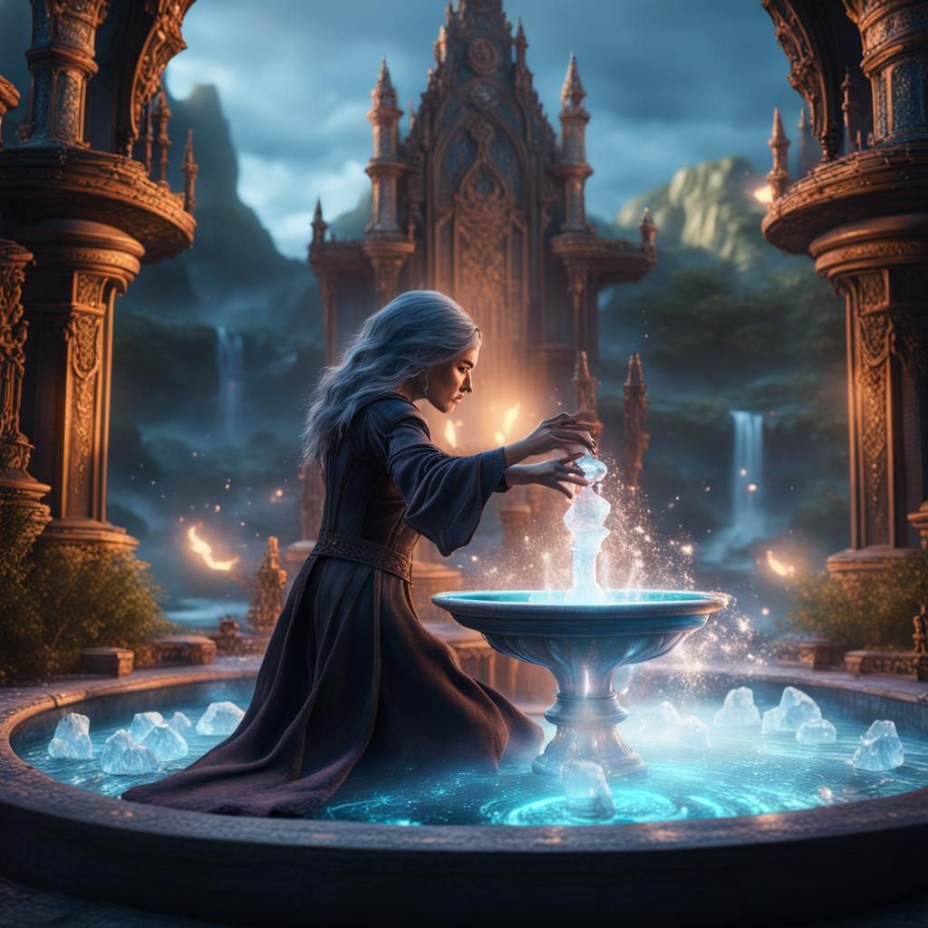 Sorceress Conjures Crystal Fountain in Vibrant Fantasy World