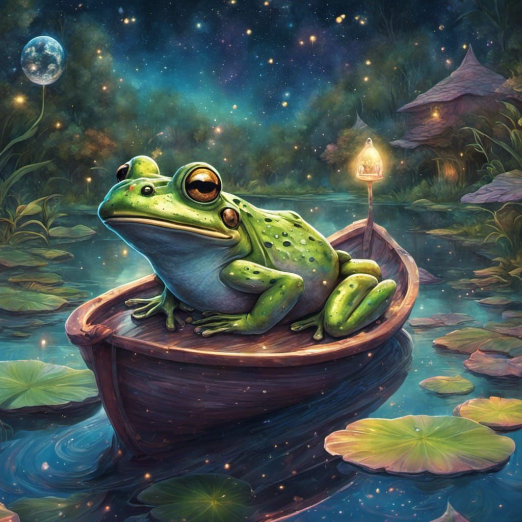Whimsical Frog Boat Illustrated in Cosmic Style