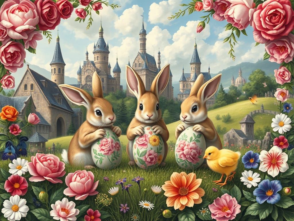 Whimsical Renaissance Landscape with Easter Bunnies