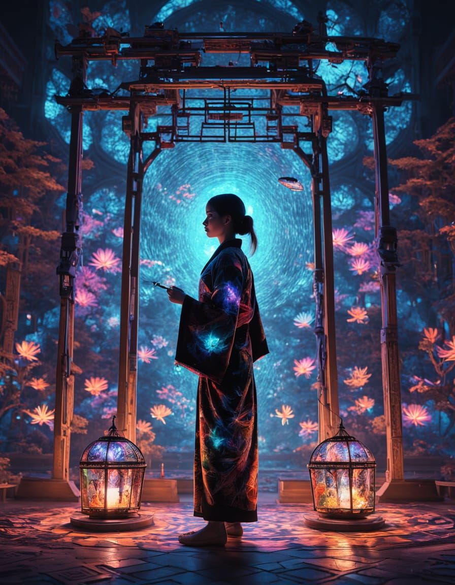Woman in Yukata with Firefly Cage and Skeleton Shadow